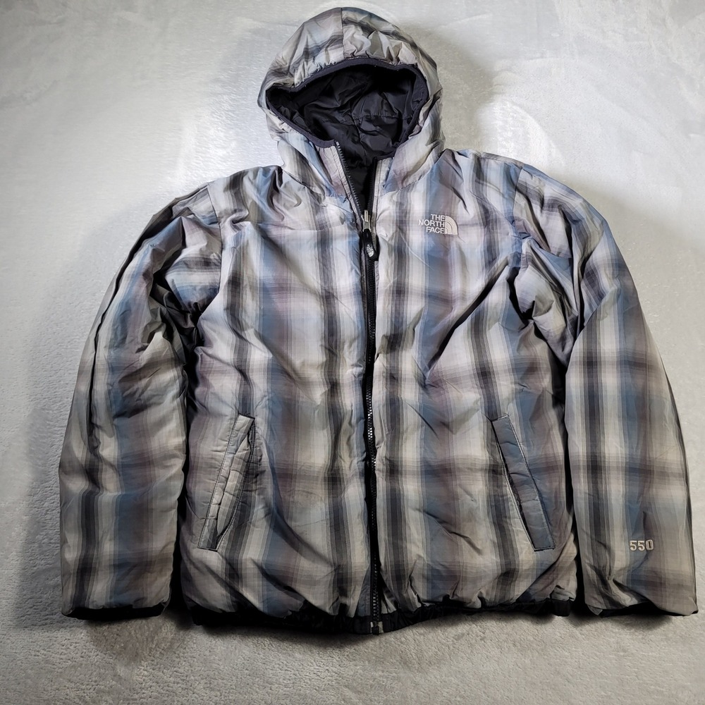 The North Face Puffer Jacket Boys XL 18/20 Grey Blue Plaid Reversible 550